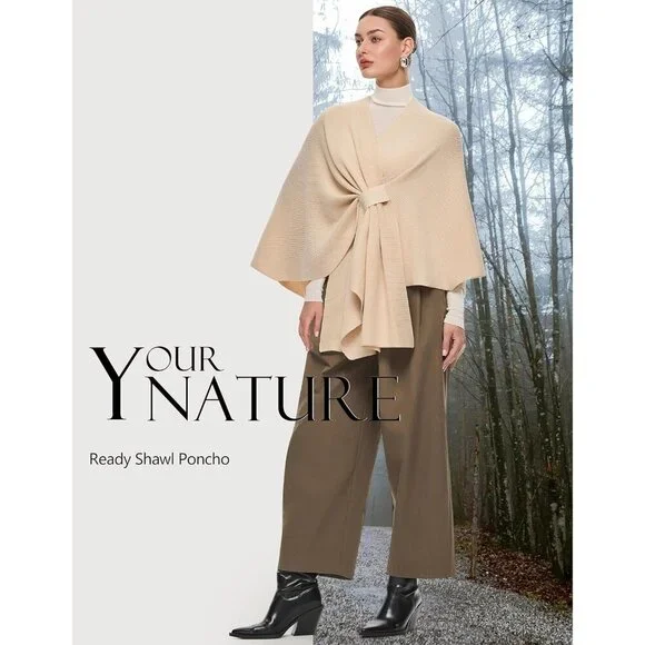 Women's Beige Elegant Open Poncho Sweater Spring Fall Winter Shawl Wraps - Picture 3 of 6